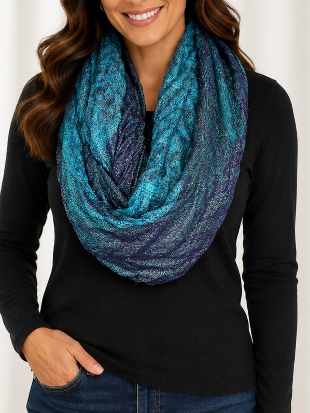 👚 Blue Teal Infinity Scarf Lightweight Textured Loop Neck Wrap Boho Soft Chic